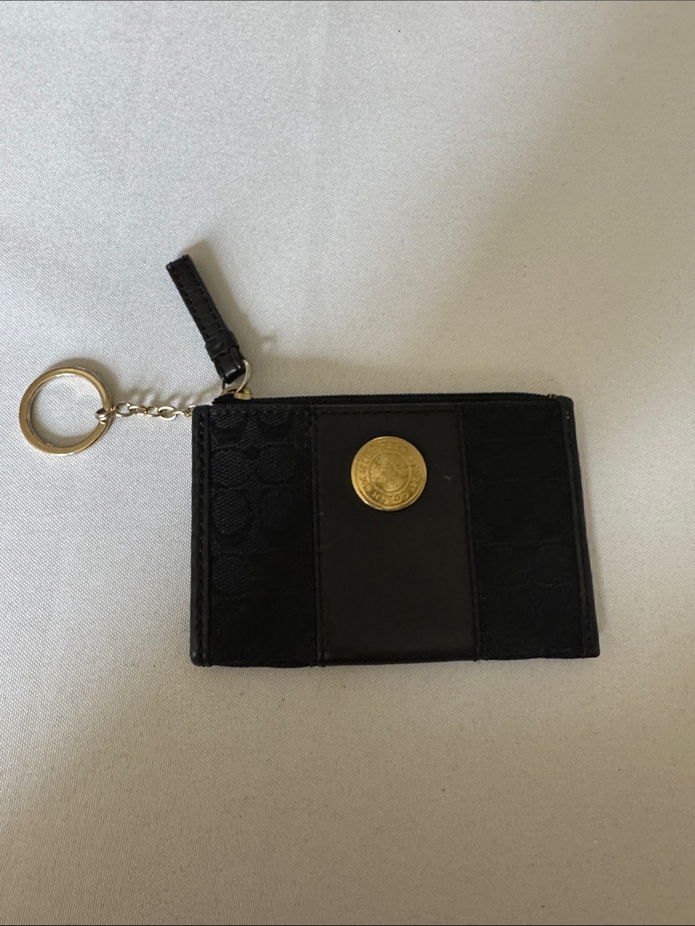 Coach Black Card Holder Keychain with Gold Medallion